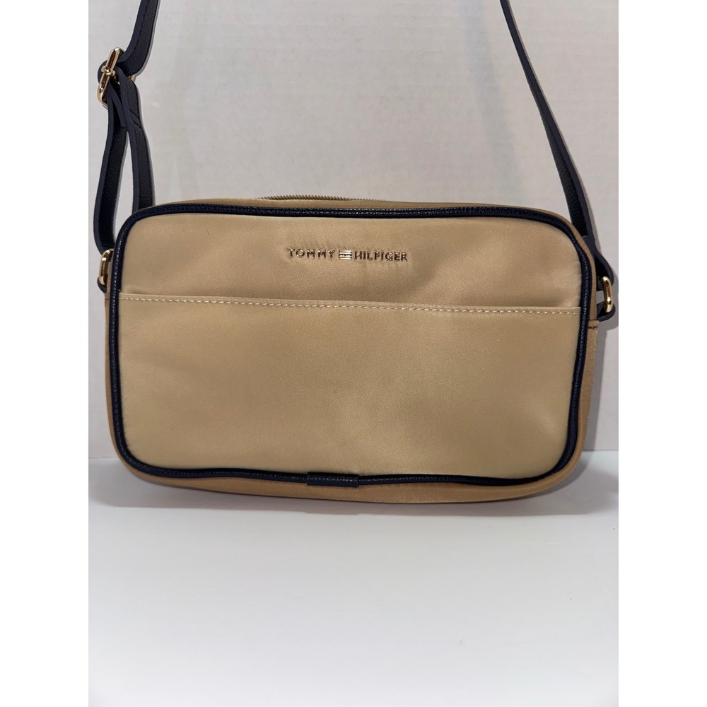 Tommy Hilfiger Tan Nylon Navy Trim Crossbody Camera Bag Gold Hardware